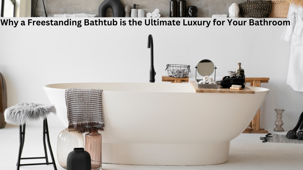 A modern freestanding bathtub with a sleek design, surrounded by stylish decor and accessories in a minimalistic bathroom setting.