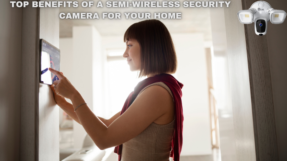 A person interacts with a touchscreen panel mounted on a wall, set in a modern home environment. A security camera is visible nearby.