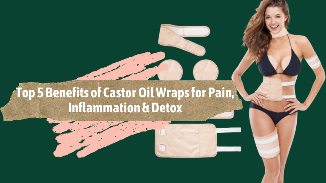 A woman in a bikini demonstrates the use of beige castor oil wraps, promoting benefits for pain relief, inflammation, and detoxification.