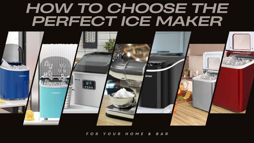 A collage of various ice makers showcases styles and features, with the text "How to Choose the Perfect Ice Maker for Your Home & Bar."