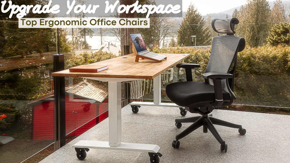 A stylish ergonomic office chair sits next to a modern wooden desk with a laptop, overlooking a scenic outdoor view.