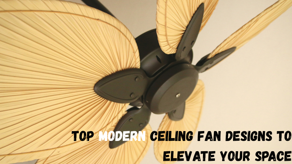 Close-up of a modern ceiling fan with natural leaf-shaped blades, showcasing stylish design elements and a sleek black motor.