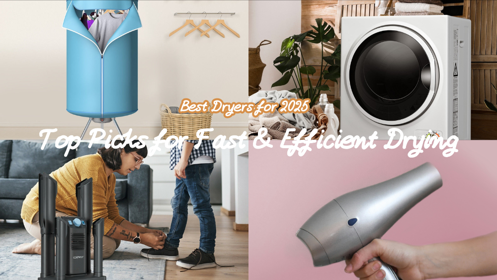 An assortment of drying appliances, including a dryer, hairdryer, and laundry basket, with a focus on efficient drying solutions.