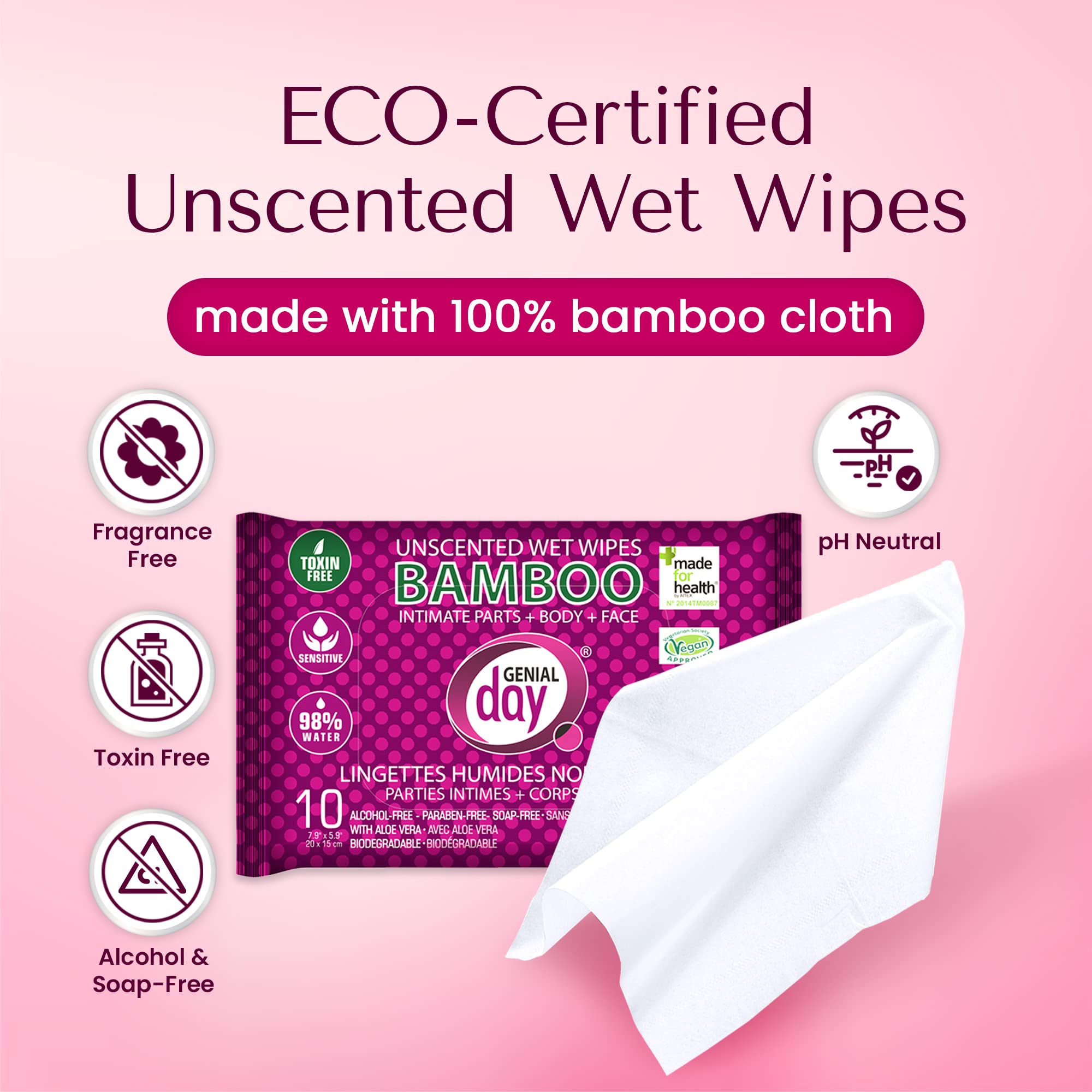 Genial Day - Unscented Bamboo Wet Wipes (10 x 10ct 50)
