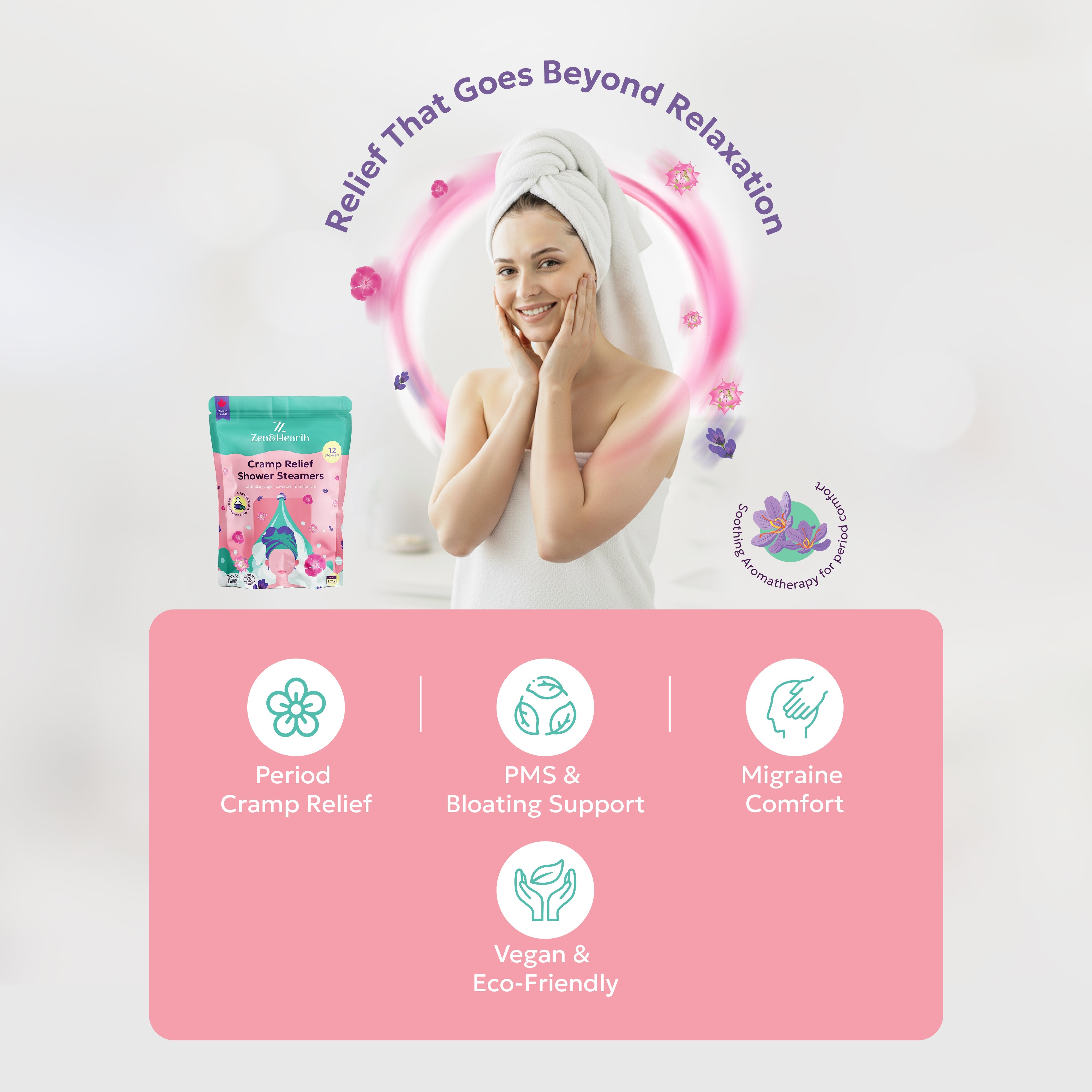 Zen & Hearth Cramp Relief Shower Steamers – Clary Sage, Lavender & Geranium | Period Comfort Aromatherapy Tablets