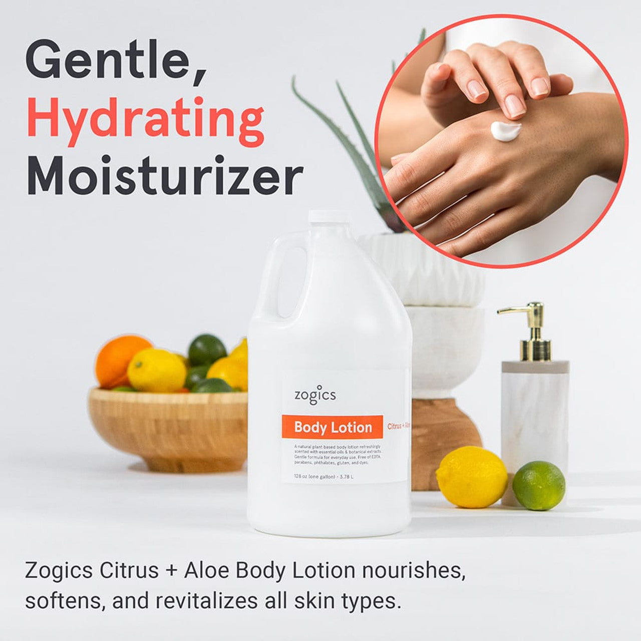 Zogics Hydrating Body Lotion, Citrus + Aloe (1 Gallon or Case of 4)
