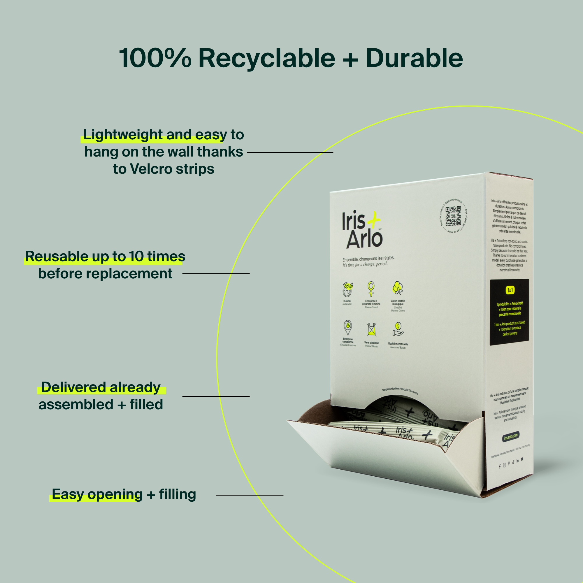 Wall-Mounted Cardboard Dispenser, 100% Organic Cotton Tampons