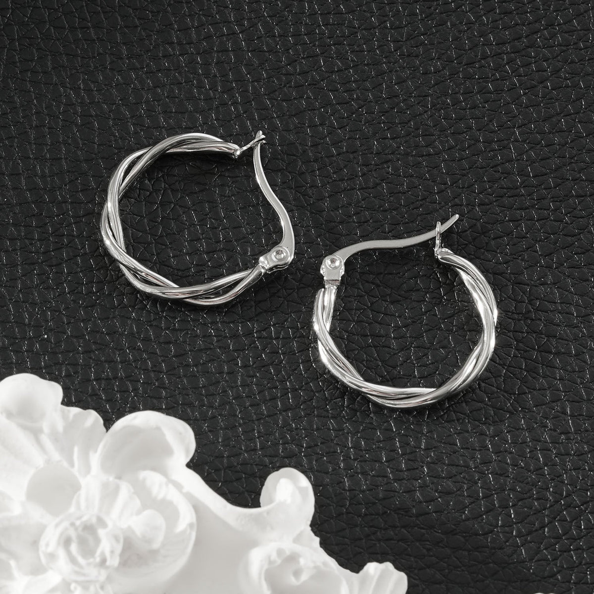 CARLOTA Silver (White Gold): Twisted Metal Strands Hoop Earrings