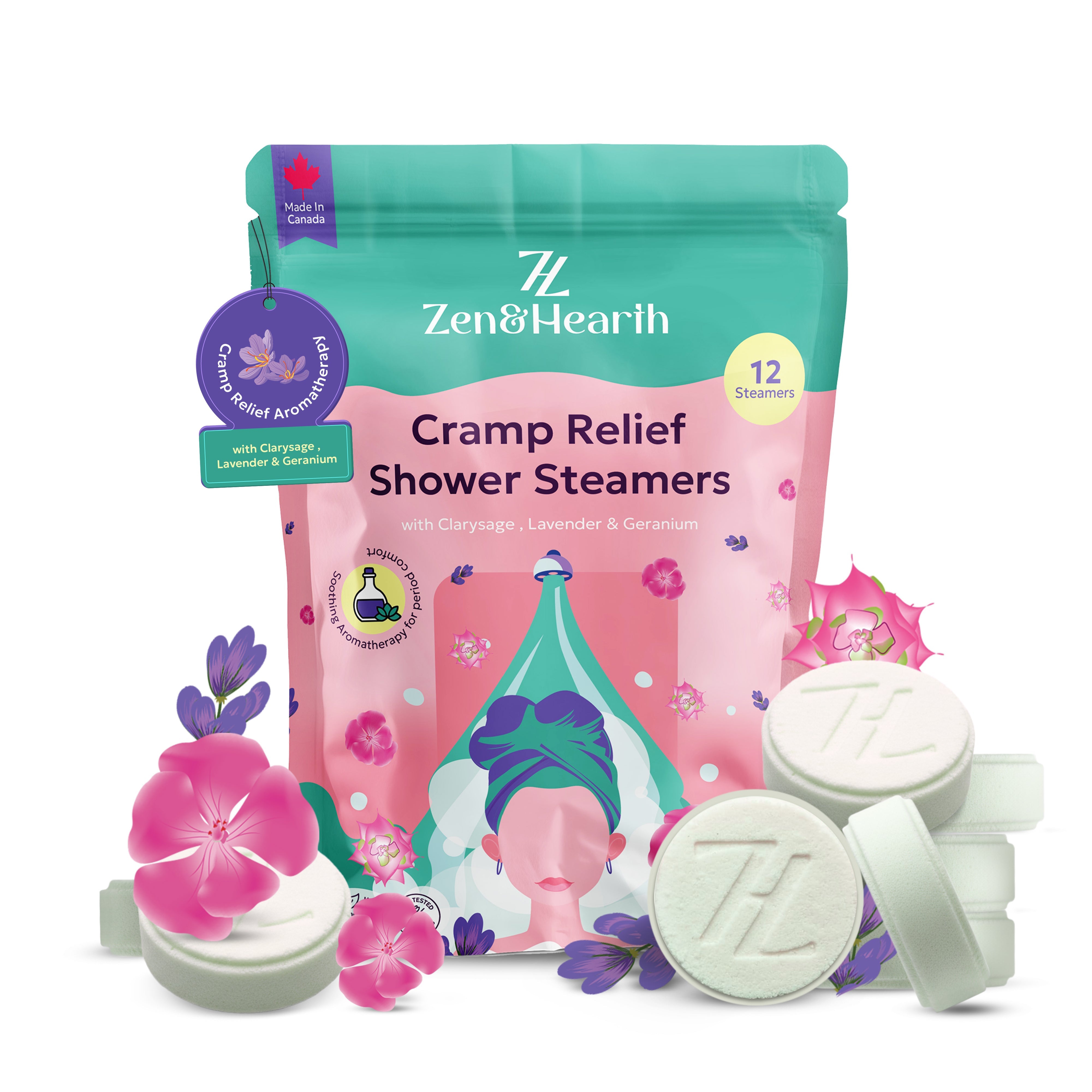 Zen & Hearth Cramp Relief Shower Steamers – Clary Sage, Lavender & Geranium | Period Comfort Aromatherapy Tablets