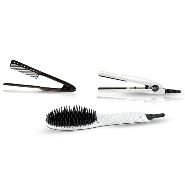 Complete Hair Styling Set: Heated Brush, 0.5 Mini Iron & Easy Comb with Magnet Box
