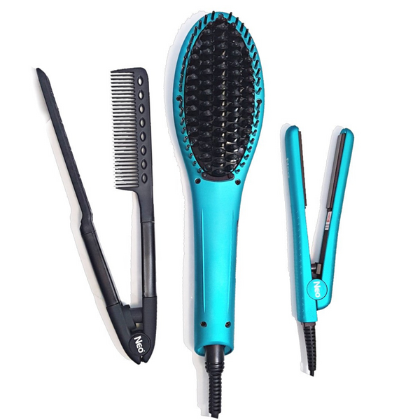 Complete Hair Styling Set: Heated Brush, 0.5 Mini Iron & Easy Comb with Magnet Box
