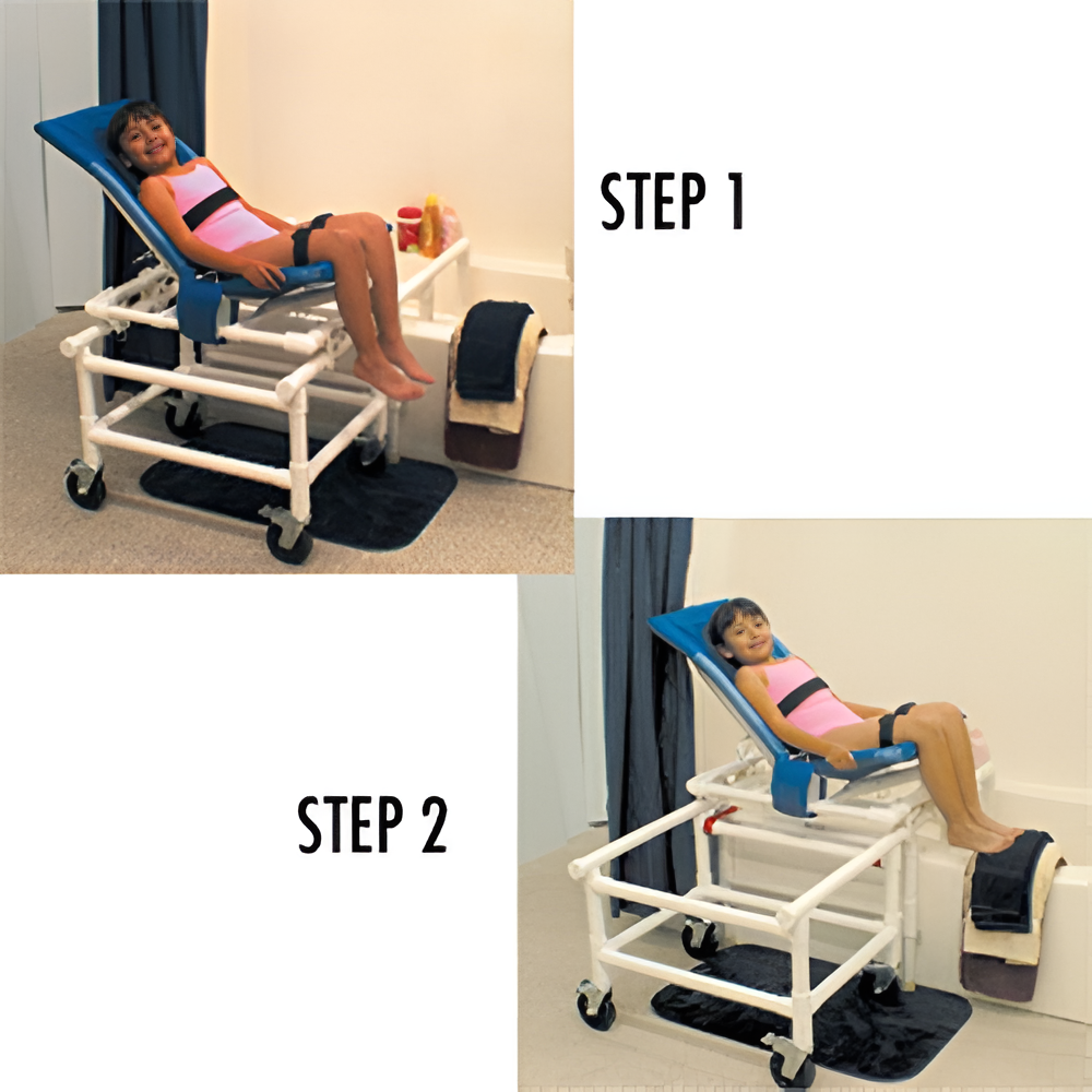 PVC Dual Shower & Transfer Chair with Articulating Arms and One-Step Lock