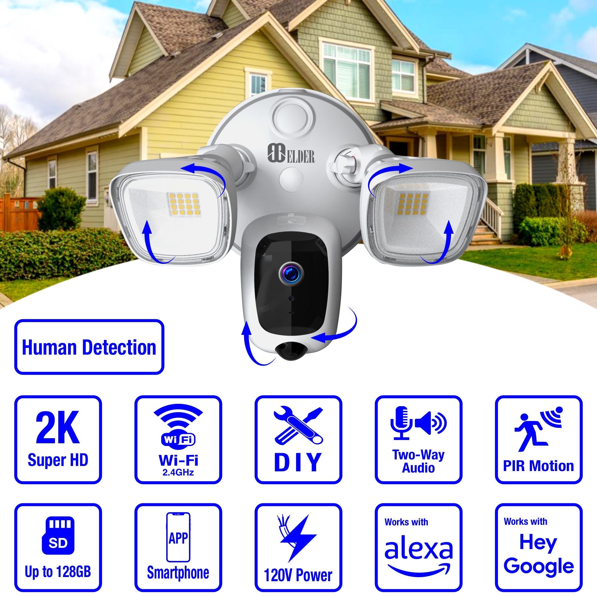 Elder Floodlight Security Camera 2K+ Outdoor WiFi 64GB, DIY Smart Home Semi Wireless, Human Motion PIR Spotlight Siren & Two-Way Talk, Works with Hey Google & Alexa