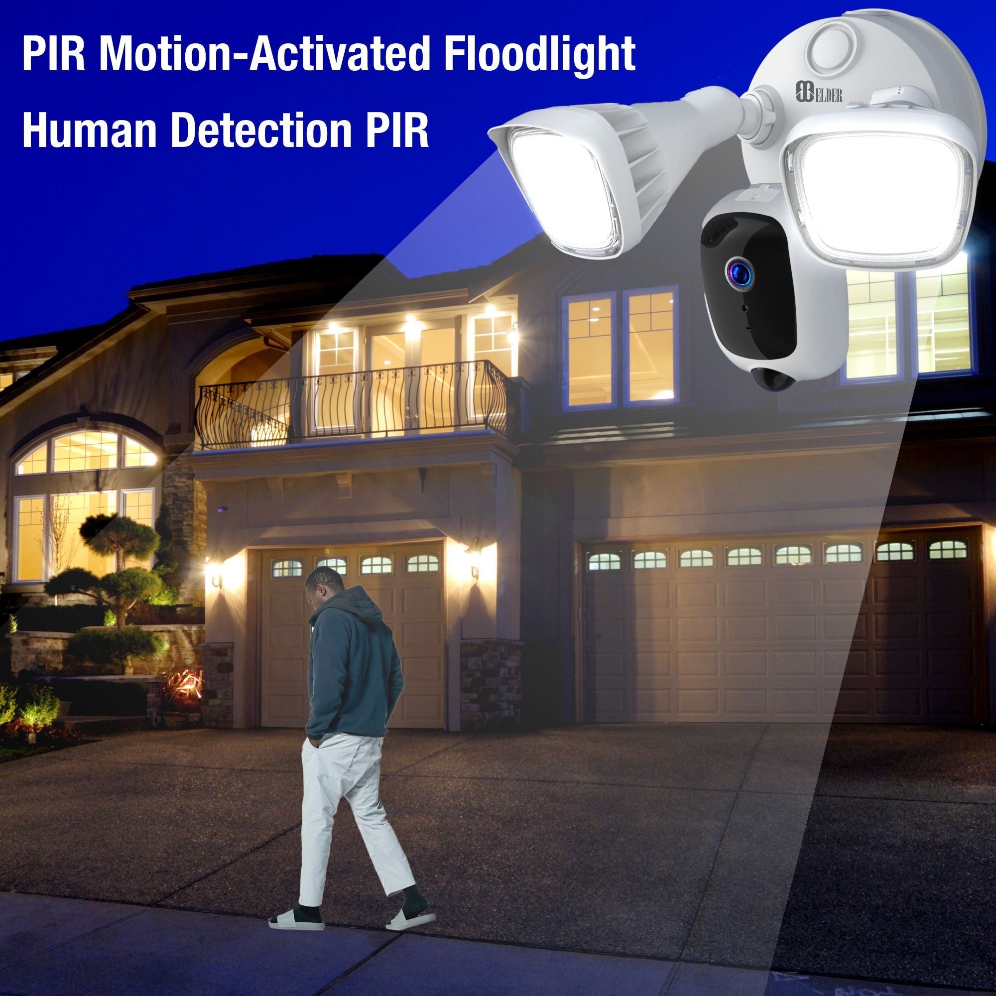 Elder Floodlight Security Camera 2K+ Outdoor WiFi 64GB, DIY Smart Home Semi Wireless, Human Motion PIR Spotlight Siren & Two-Way Talk, Works with Hey Google & Alexa