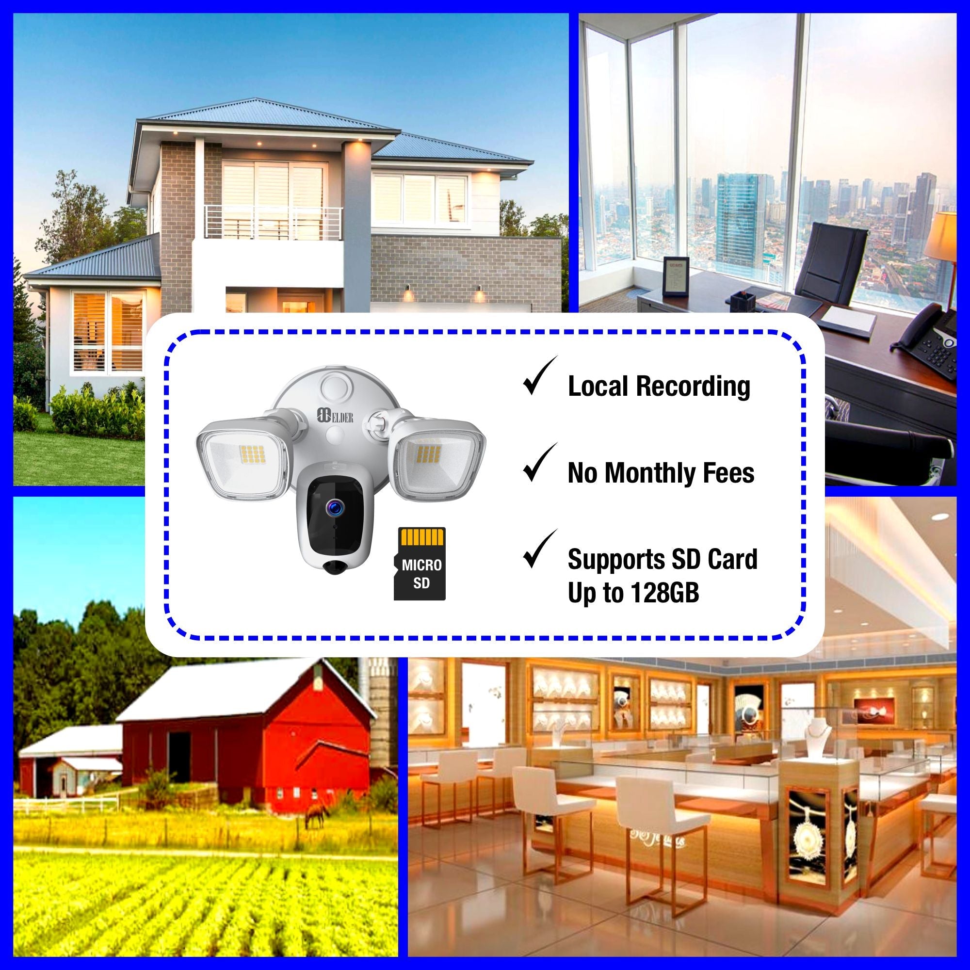 Elder Floodlight Security Camera 2K+ Outdoor WiFi 64GB, DIY Smart Home Semi Wireless, Human Motion PIR Spotlight Siren & Two-Way Talk, Works with Hey Google & Alexa