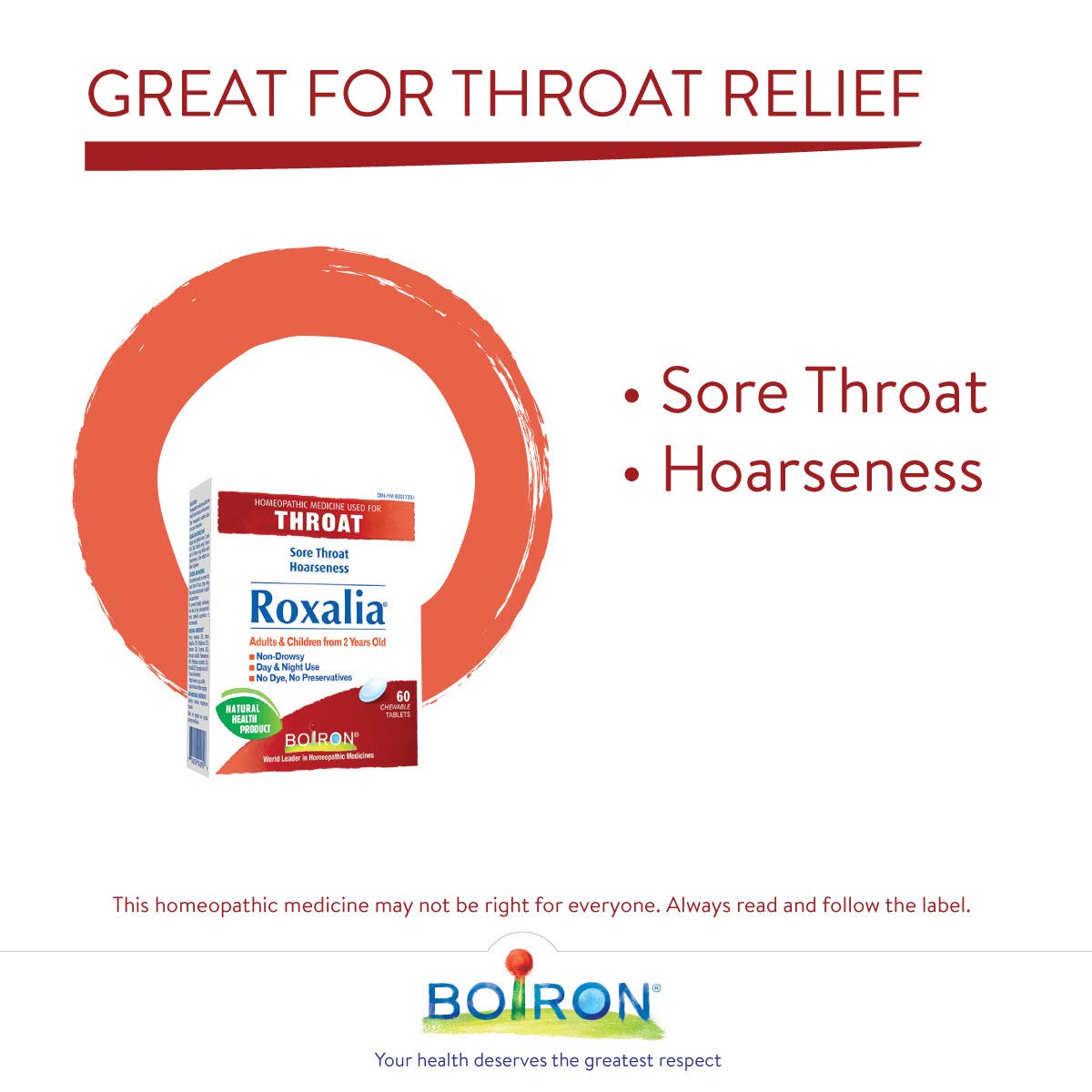 Boiron Roxalia Homeopathic Tablets – 60 Chewable Tablets for Sore Throat and Hoarseness