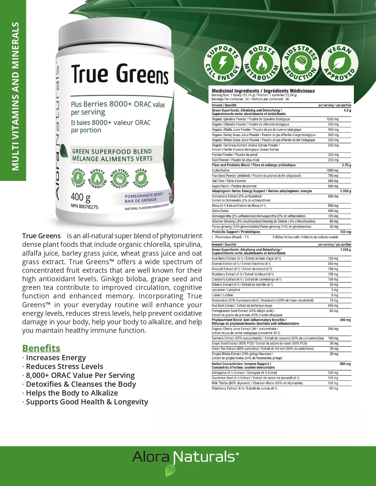 Alora Naturals - True Greens Unflavoured (400g 12)