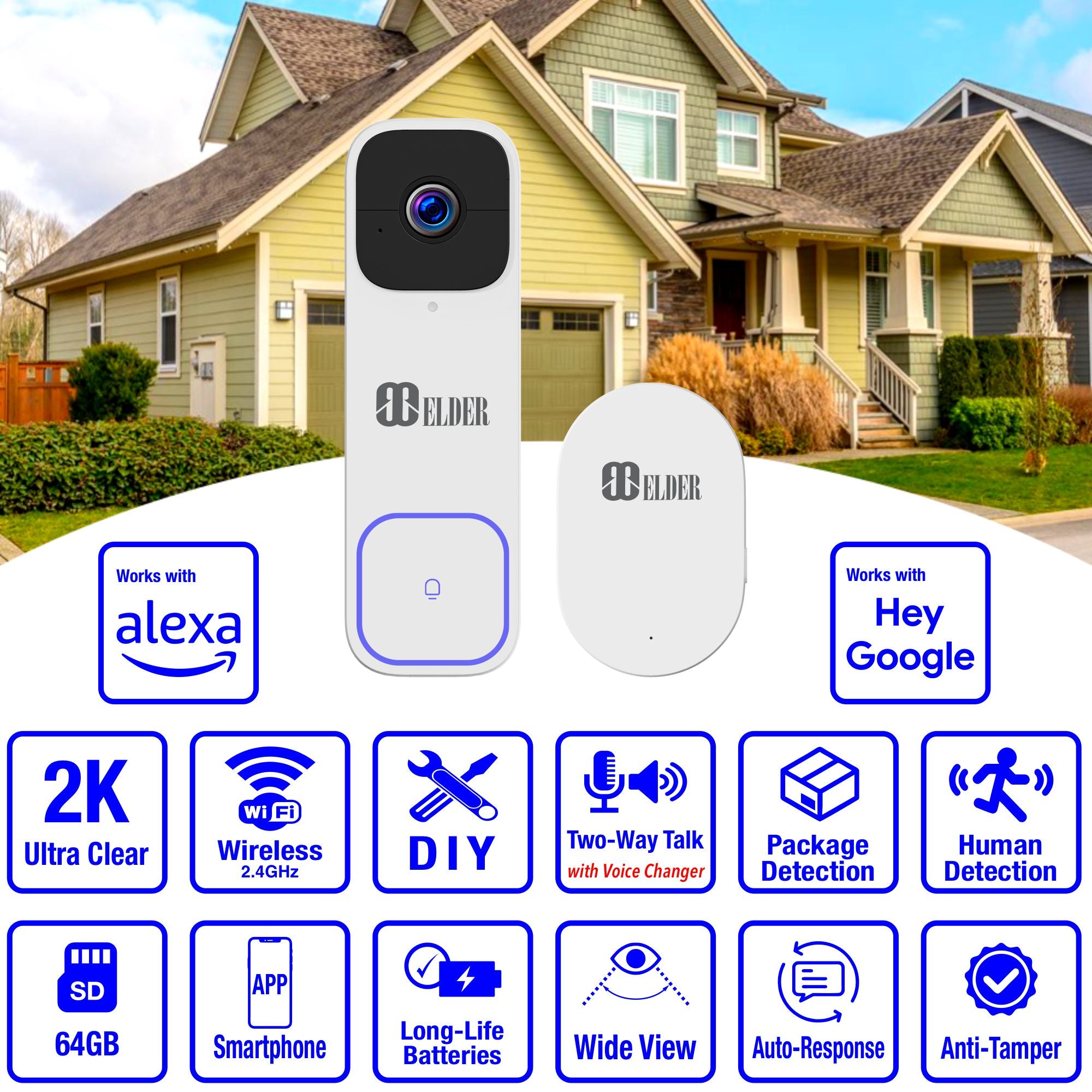 Elder Doorbell Camera 2K Wireless 64GB WiFi Battery-Operated & Chime, Smart Home AI Person & Package Detection & DIY Video Doorbell, Works with Google Assistant & Alexa