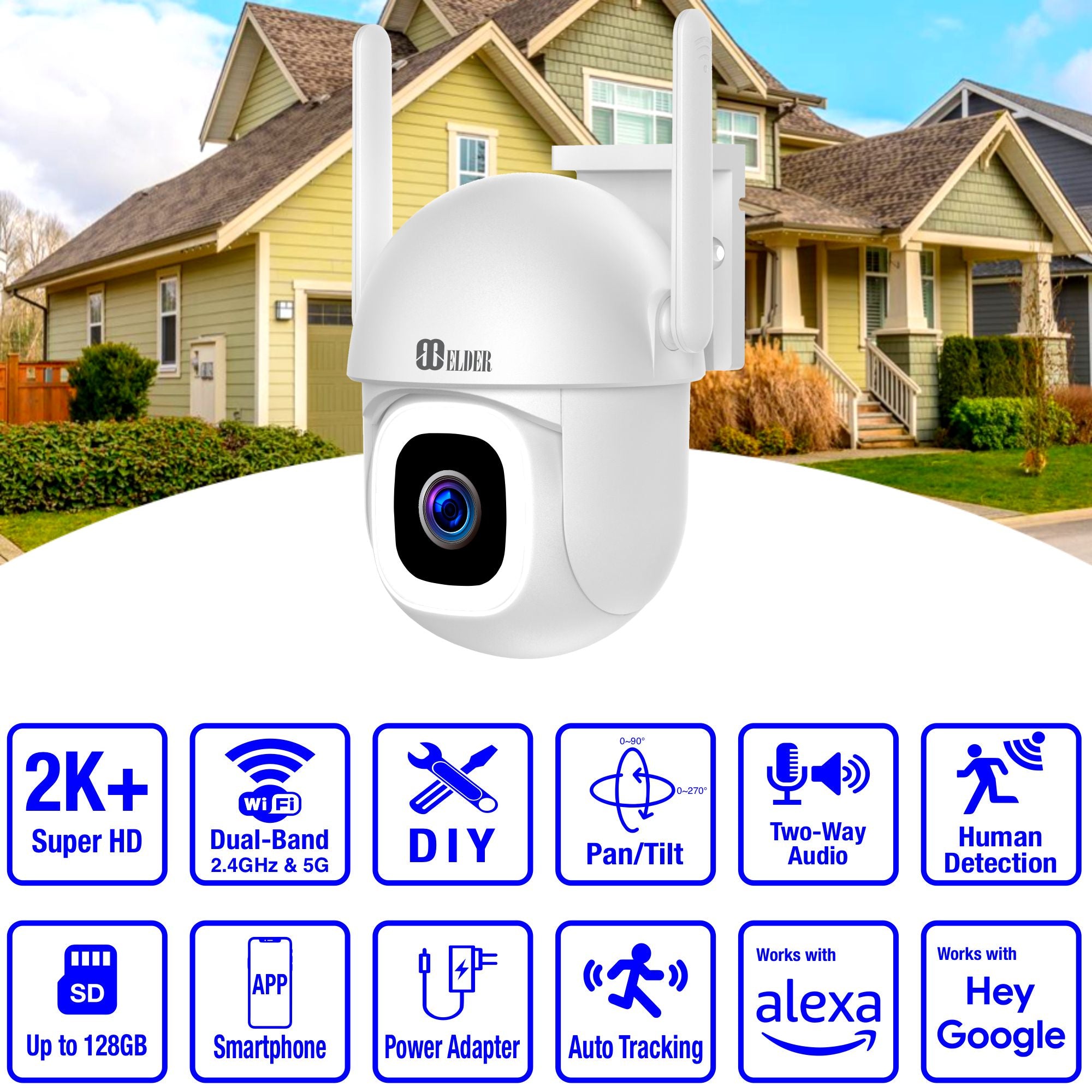 Elder WiFi Security Camera 2K+ Outdoor x2 Pack PTZ 64GB Semi Wireless, DIY Smart Home AI Human Motion, Spotlight Deterrence & Color Night Vision, Works with Hey Google & Alexa