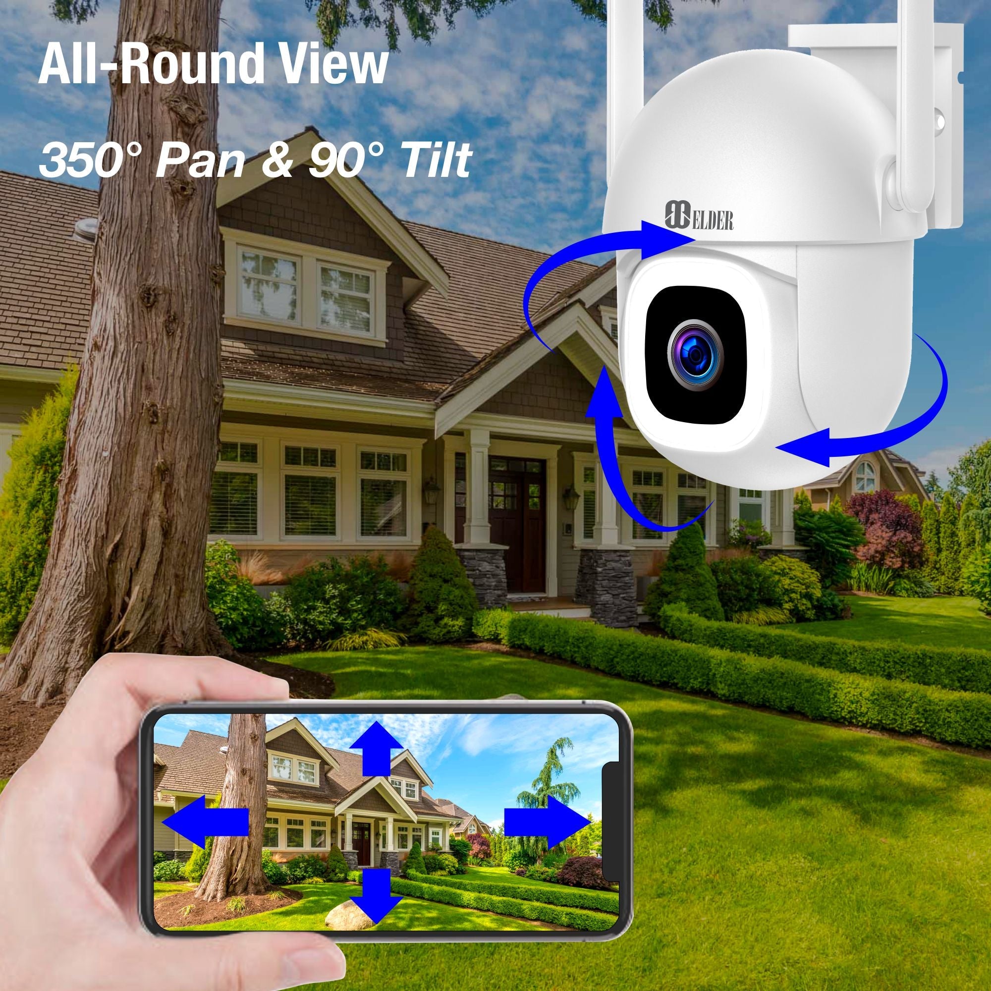 Elder WiFi Security Camera 2K+ Outdoor x2 Pack PTZ 64GB Semi Wireless, DIY Smart Home AI Human Motion, Spotlight Deterrence & Color Night Vision, Works with Hey Google & Alexa