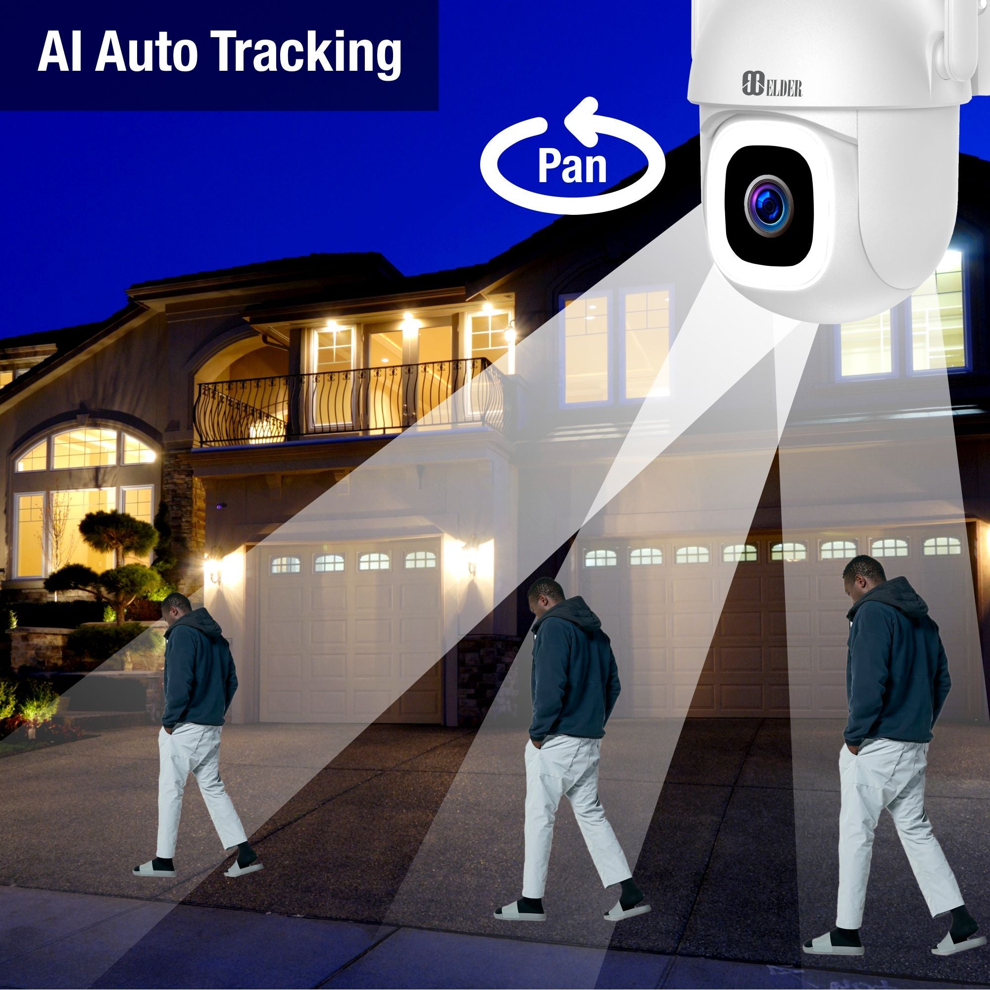 Elder WiFi Security Camera 2K+ Outdoor x2 Pack PTZ 64GB Semi Wireless, DIY Smart Home AI Human Motion, Spotlight Deterrence & Color Night Vision, Works with Hey Google & Alexa