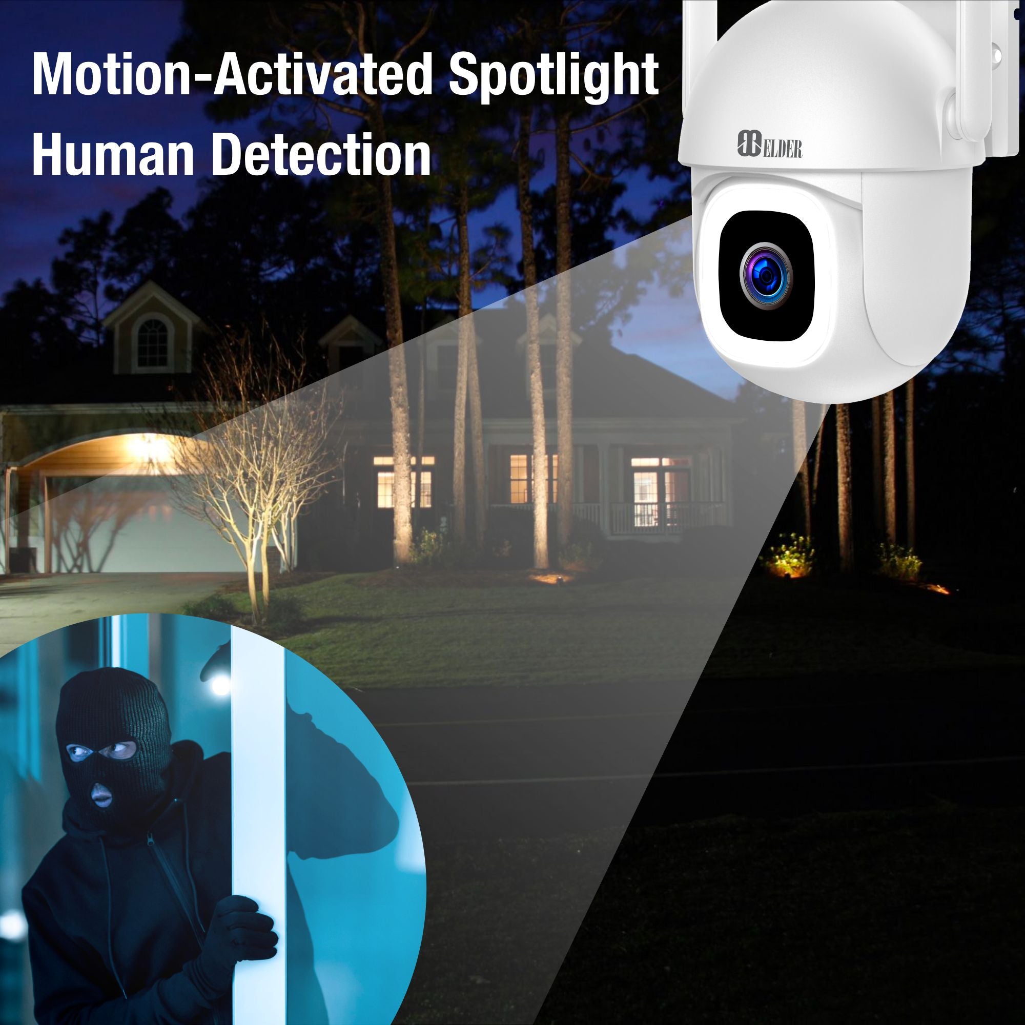 Elder WiFi Security Camera 2K+ Outdoor x2 Pack PTZ 64GB Semi Wireless, DIY Smart Home AI Human Motion, Spotlight Deterrence & Color Night Vision, Works with Hey Google & Alexa