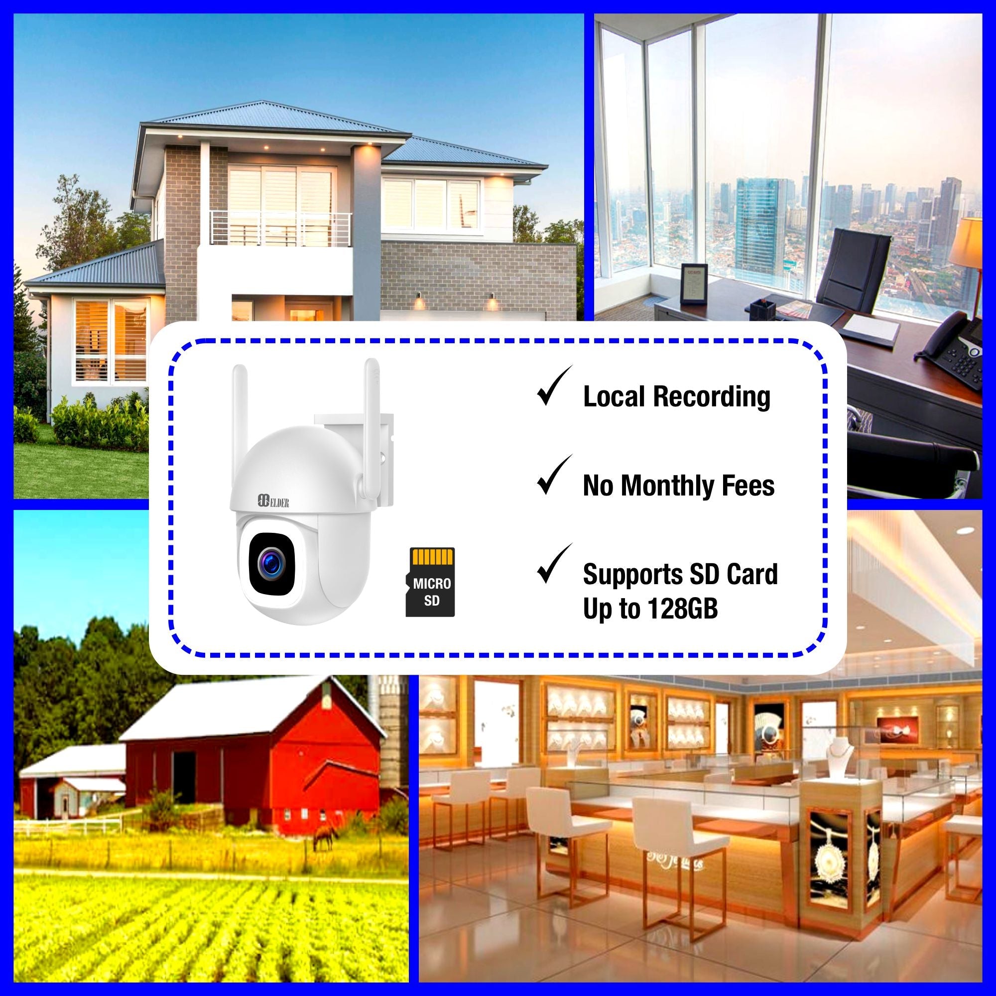 Elder WiFi Security Camera 2K+ Outdoor x2 Pack PTZ 64GB Semi Wireless, DIY Smart Home AI Human Motion, Spotlight Deterrence & Color Night Vision, Works with Hey Google & Alexa