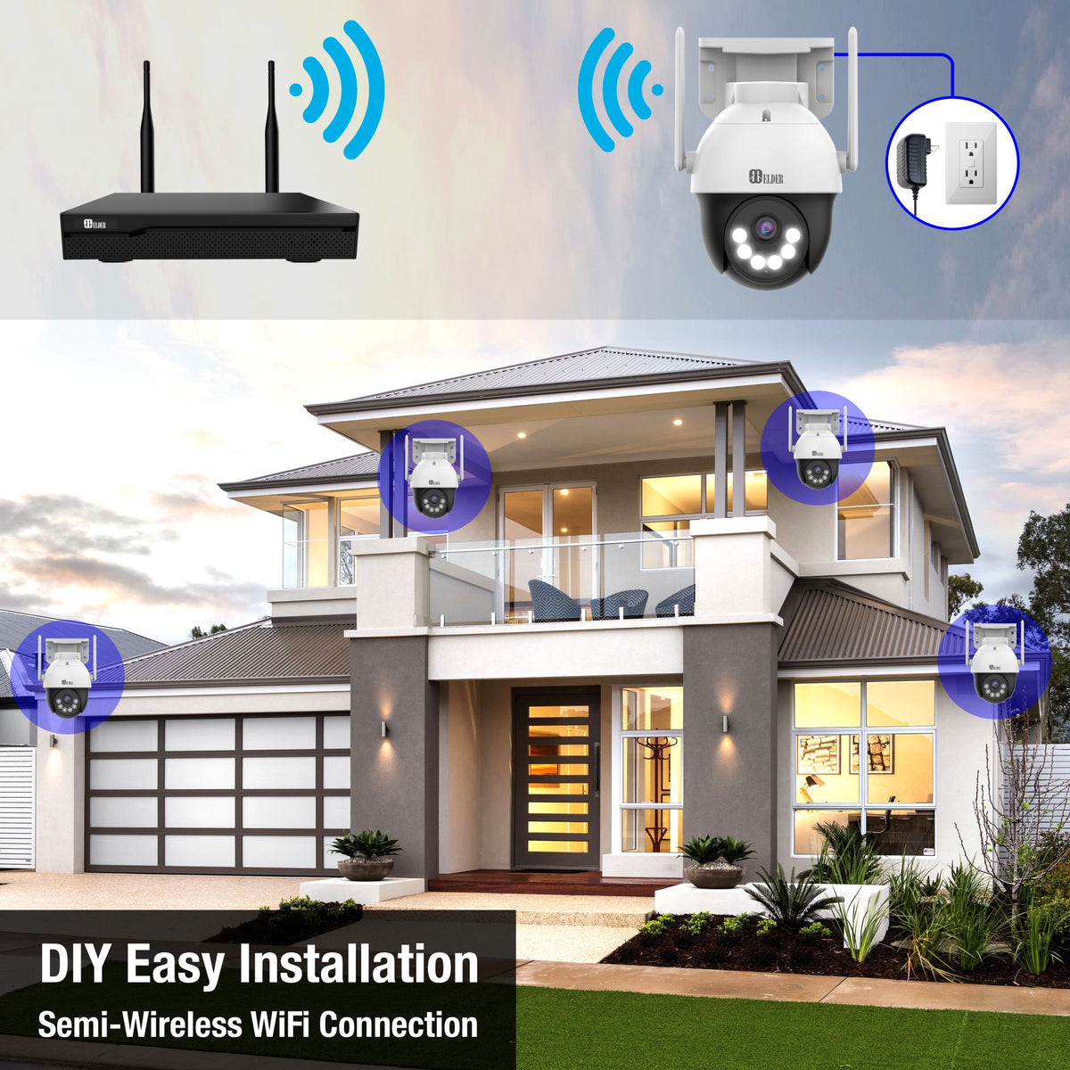 Elder WiFi PTZ Security Camera System, 4K NVR 8CH & Semi Wireless 5MP Cameras Outdoor Color Night Vision, Person Detection Smart Home Surveillance CCTV DIY