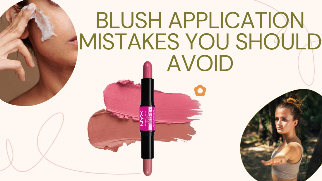 A beauty guide showcasing blush application tips, featuring NYX Wonder Stick and swatches of blush shades on a pastel background.