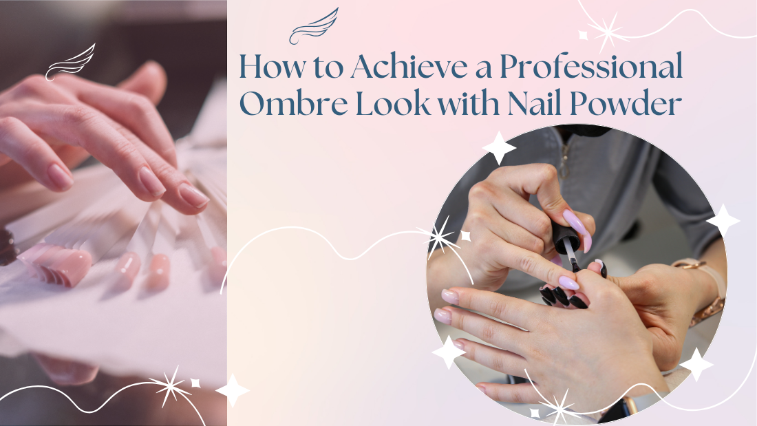 A close-up of a hand applying nail powder for an ombre look, with various nail color samples displayed in the background.