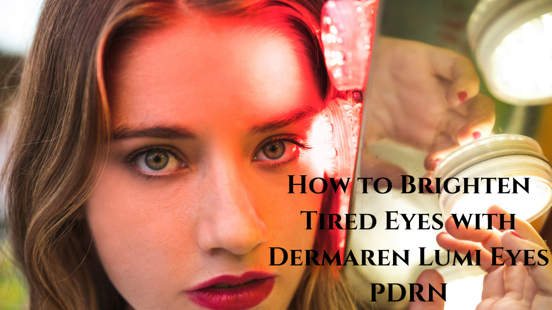 A close-up of a hand holding a skincare product near bright lights, with text about brightening red eyes using Maren Lumi Eyes PDRN.