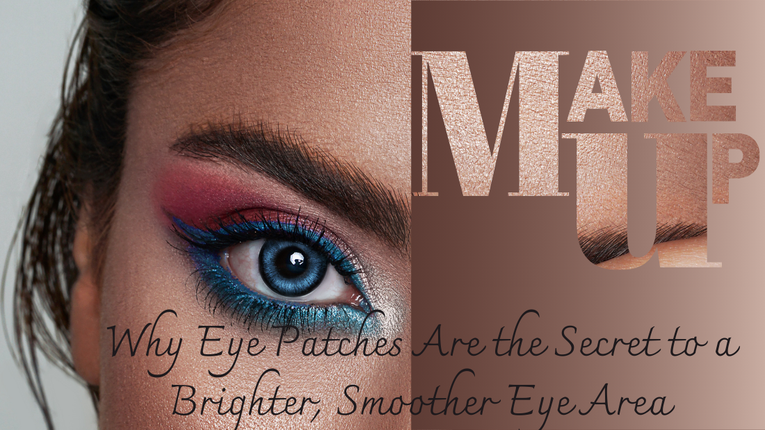 A close-up of smooth skin and well-groomed eyebrows, with elegant text emphasizing makeup tips for enhancing the eye area.