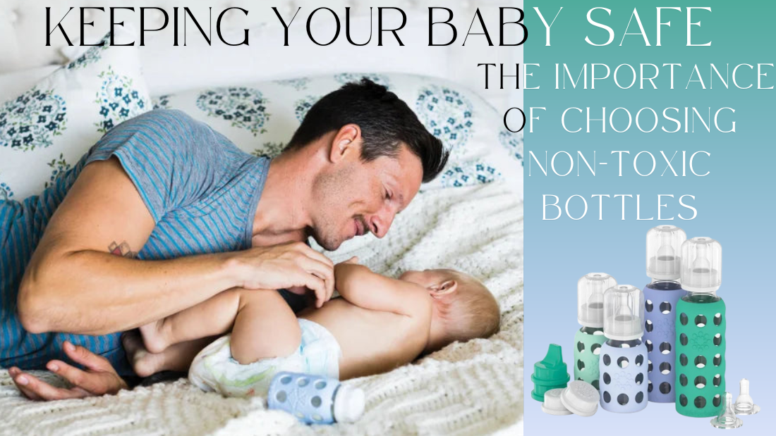 A parent lovingly interacts with their baby on a cozy bed, emphasizing the importance of using non-toxic baby bottles.