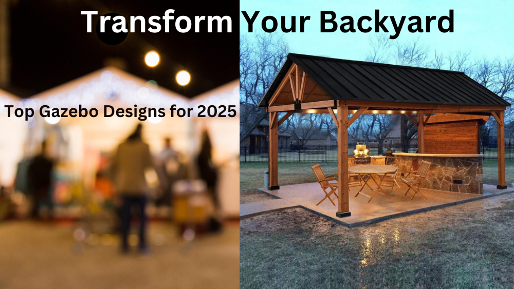 A split image featuring a blurred outdoor gathering with string lights and a clear gazebo design for 2025, promoting backyard transformation.