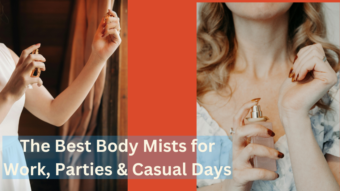 A woman applies body mist while holding a perfume bottle, discussing the best body mists for various occasions.