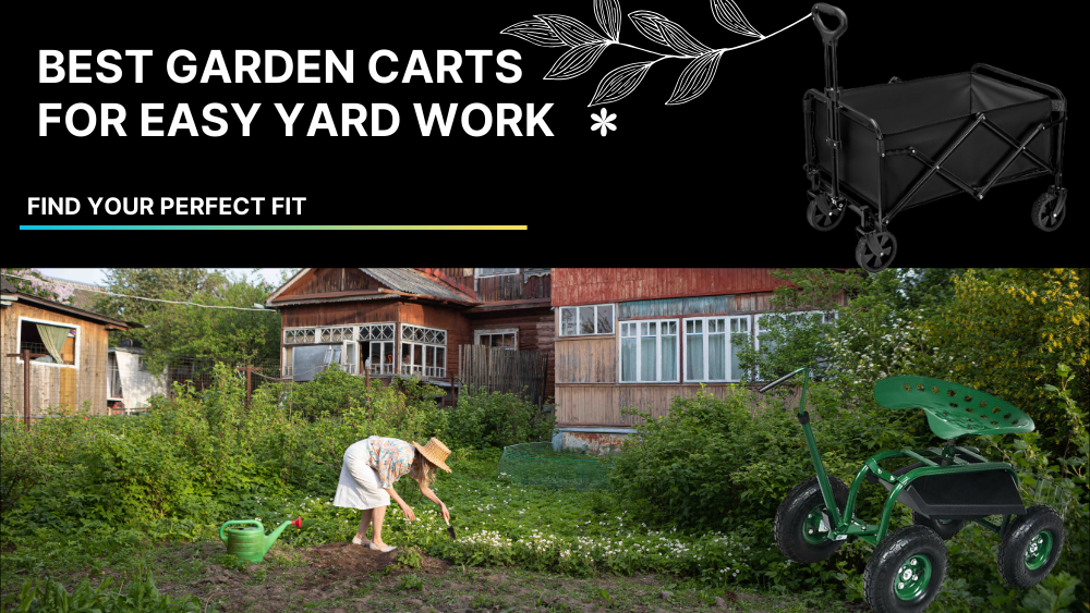 A woman gardening in a lush yard, with garden carts showcased above, promoting easy yard work solutions. 