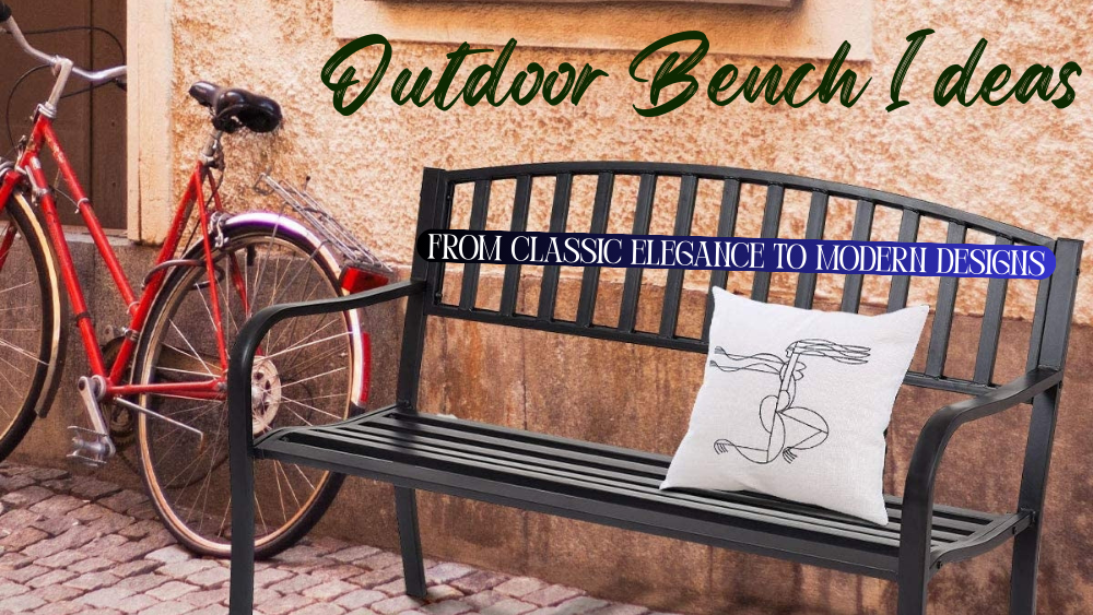 A stylish outdoor bench with a decorative pillow, complemented by a vintage bicycle against a textured wall.
