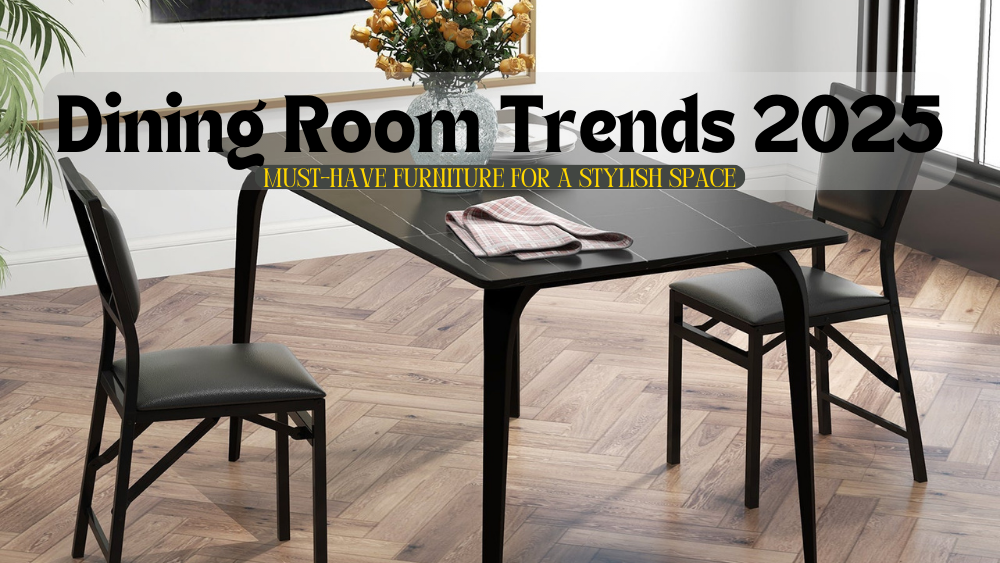 Modern dining room featuring a sleek black table with stylish chairs and a floral centerpiece, highlighted by a 2025 trends graphic.