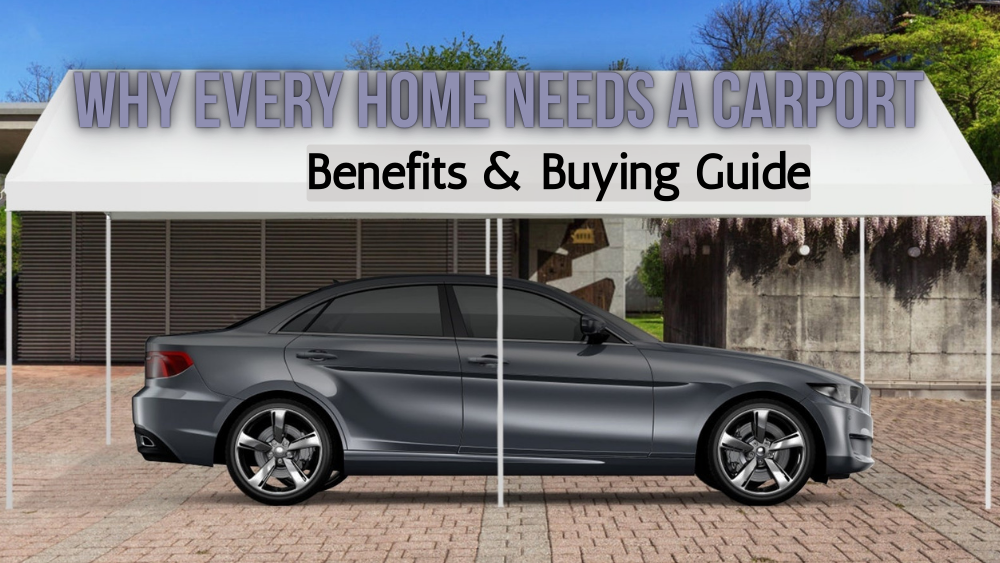 A sleek gray car parked under a carport, with text overlay promoting a guide on the benefits of carports for homes.