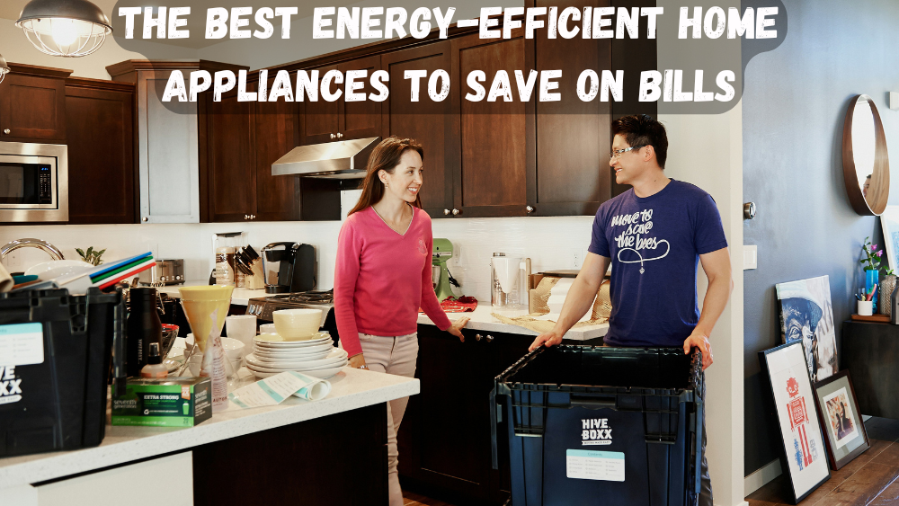 A modern kitchen with a couple discussing energy-efficient appliances amid a cluttered countertop filled with dishes and utensils.