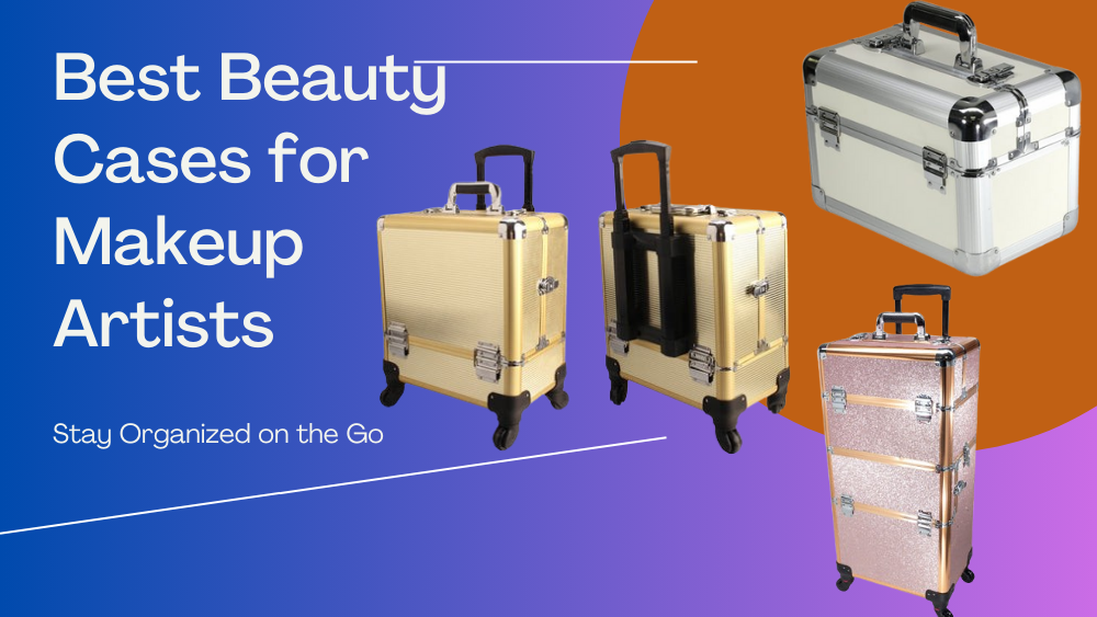 Image of four stylish beauty cases for makeup artists on a colorful background, promoting organization for on-the-go usage.