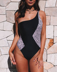 Black Leopard Splice One Shoulder One Piece Swimsuit