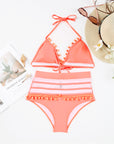 Pink Mesh Contrast Pom Details High Waisted Bikini Swimsuit