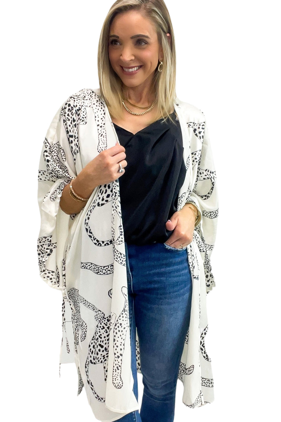 White Cheetah Print Loose Fit Open Front Kimono