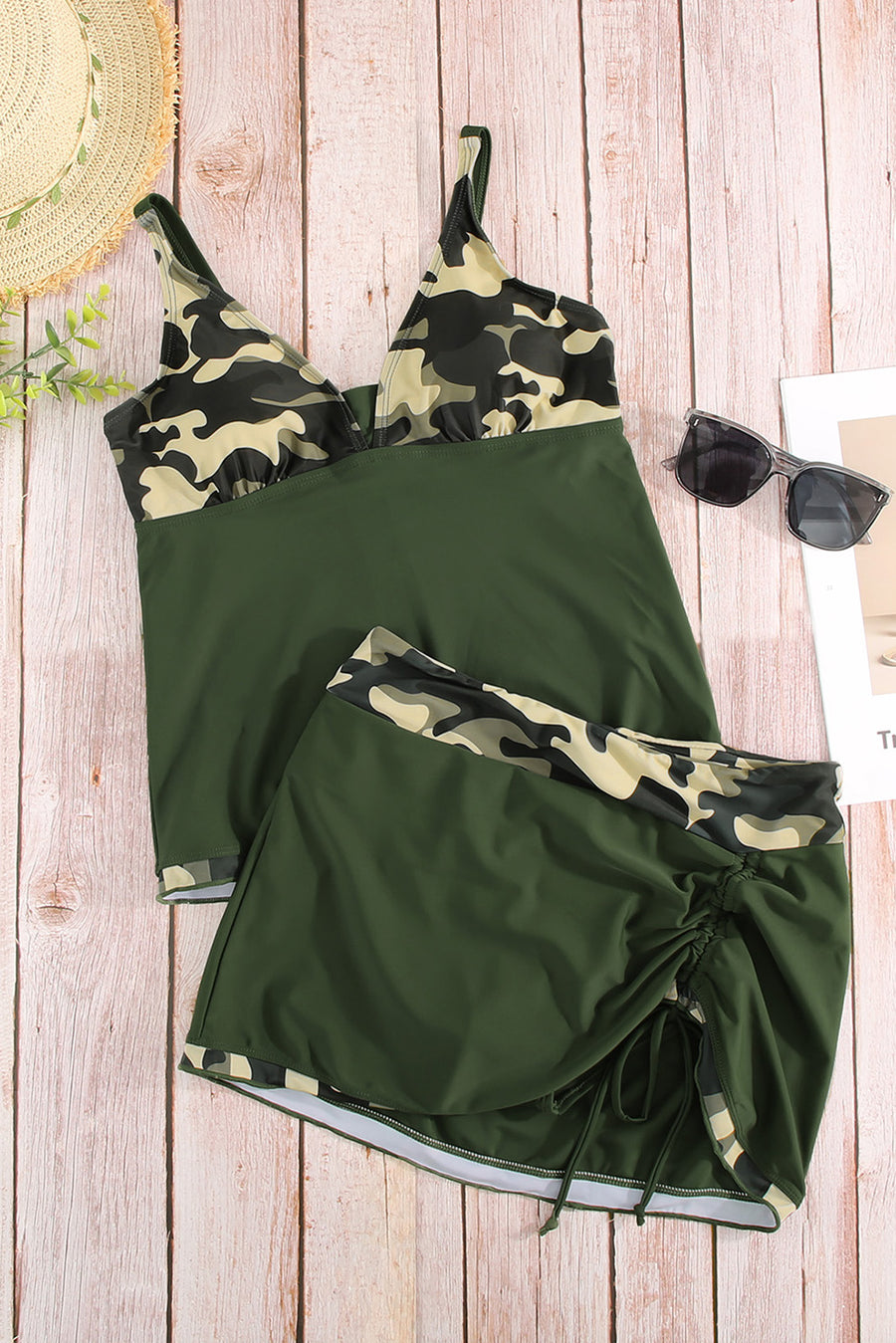 Green Camo Solid Strappy Drawstring Side Tankini