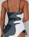 Khaki Printed Color Block Drawstring Sides One Piece Swimsuit