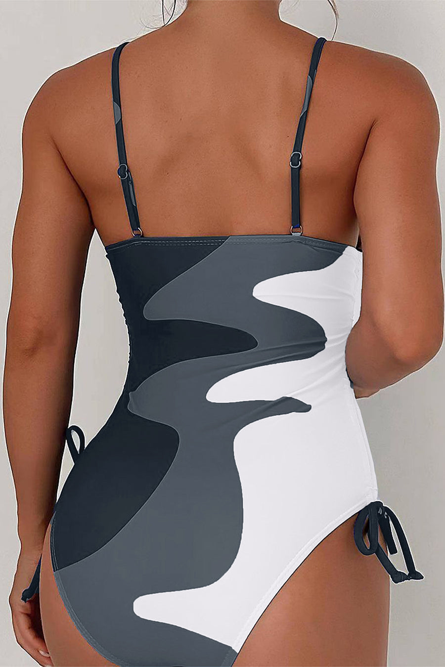 Khaki Printed Color Block Drawstring Sides One Piece Swimsuit