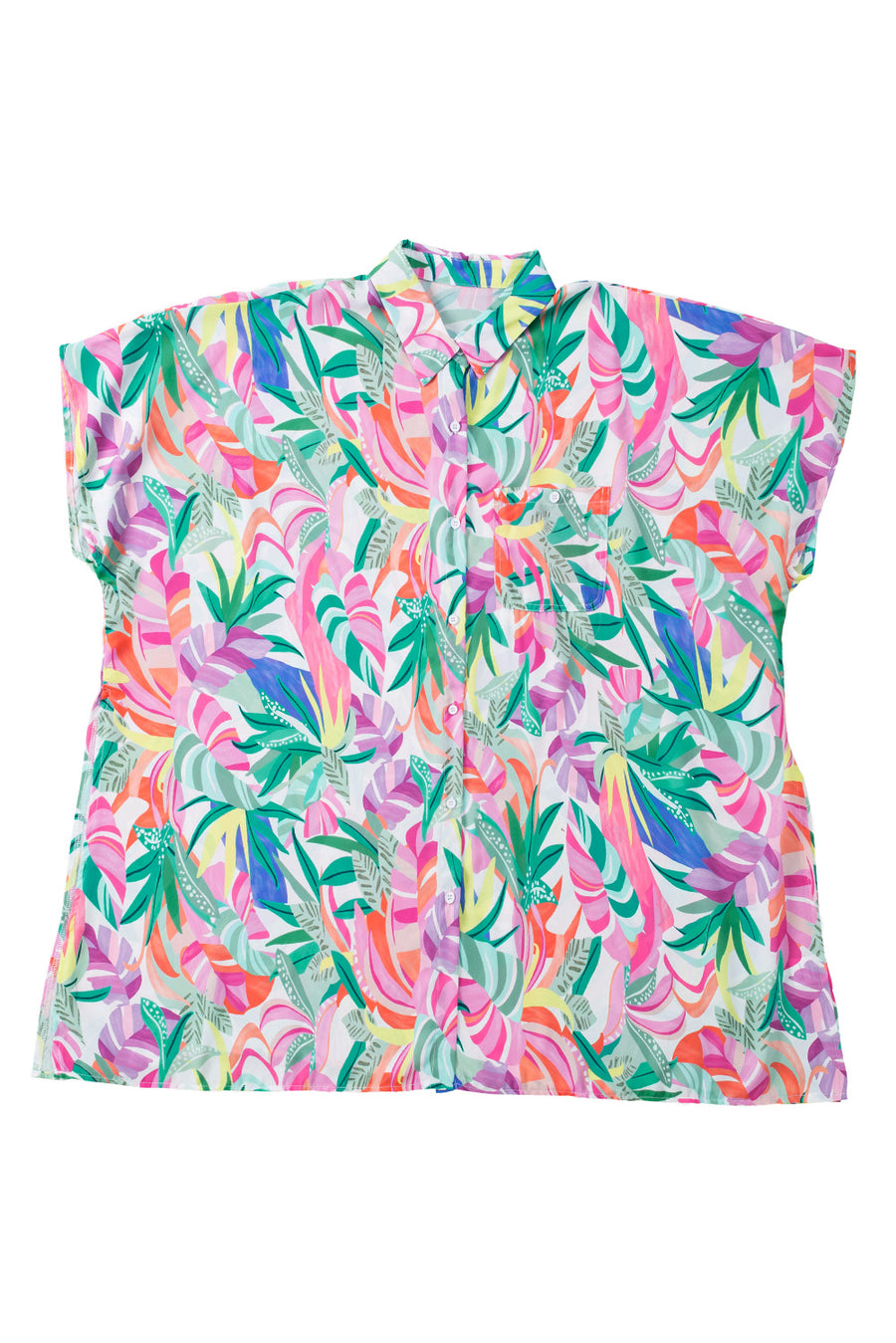 Multicolor Tropical Print Button-up Short Sleeve Beach Cover Up Embrace Island Chic