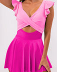 Bright Pink Cut Out Ruffle Crossed One Piece Swimdress