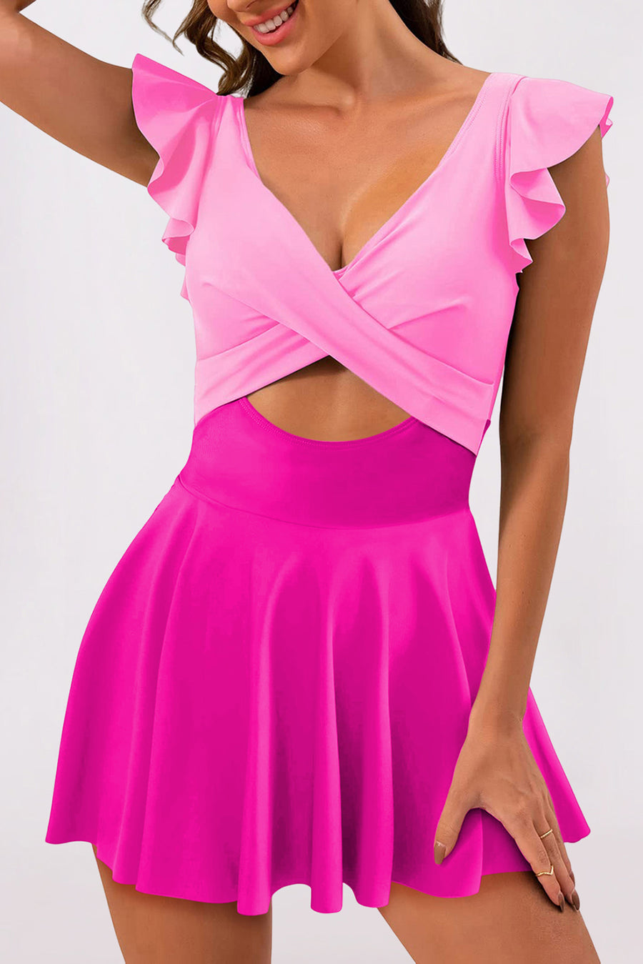 Bright Pink Cut Out Ruffle Crossed One Piece Swimdress